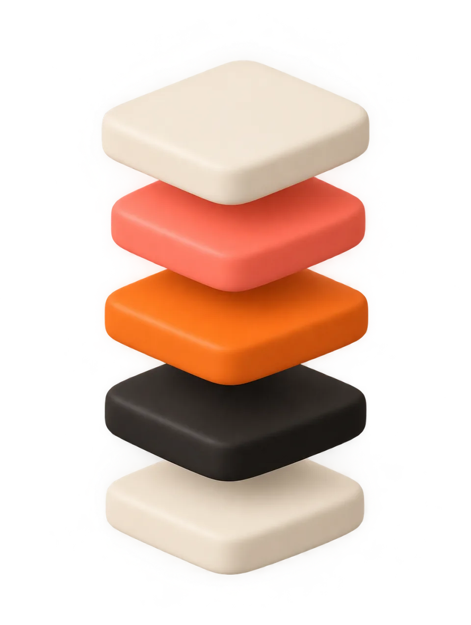 Stacked rounded slabs in cream, coral, orange and black